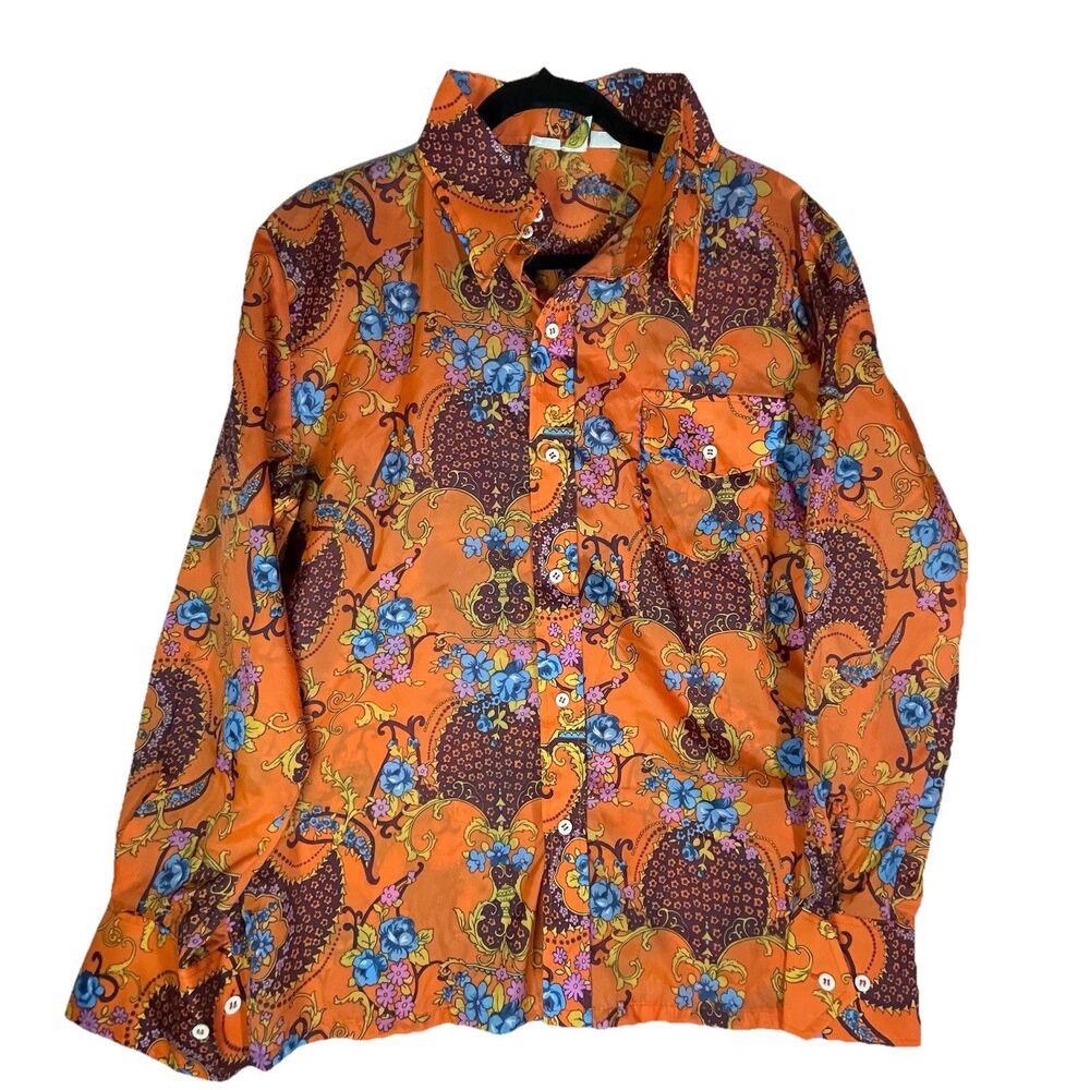 SKYR Vintage Men’s M Orange Floral Print LS Button Down Nylon 70’s Disco Shirt